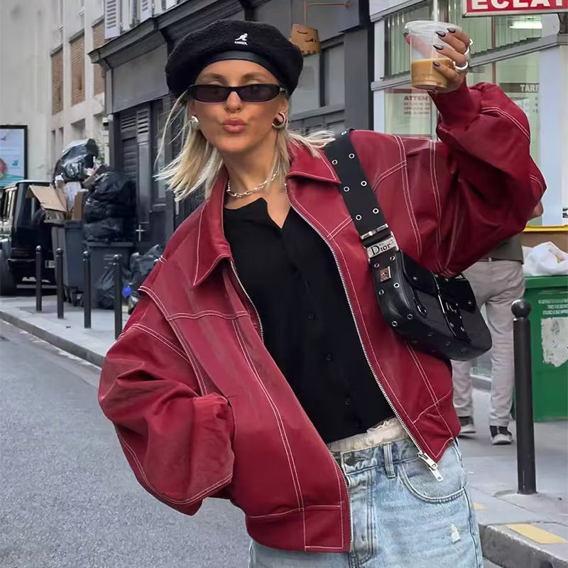 Elina - Oversized PU-Bomberjacke mit kontrastierenden Nähten