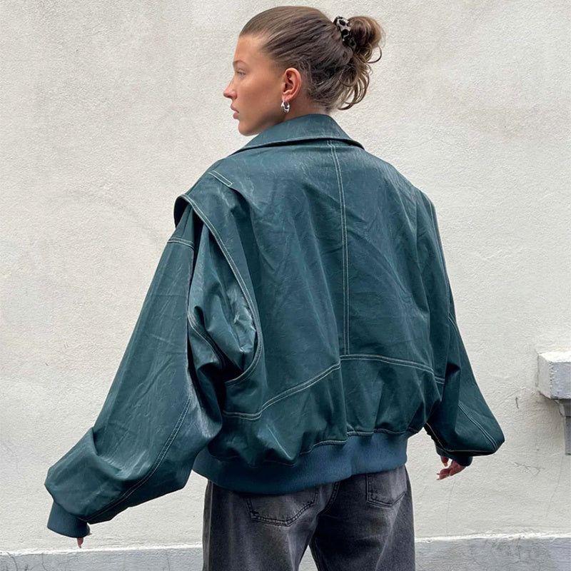 Elina - Oversized PU-Bomberjacke mit kontrastierenden Nähten